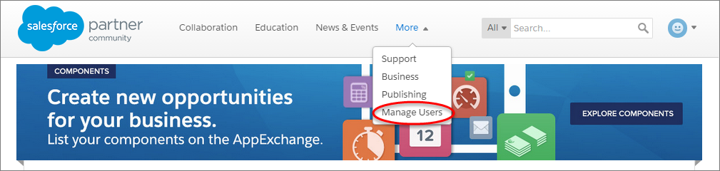 A view of the Manage Users link on the Partner Community homepage