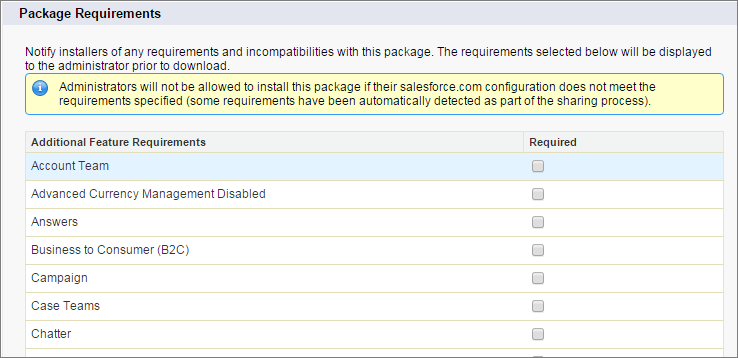 Screen with package requirements