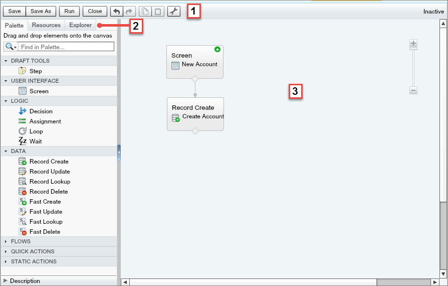 Screenshot of the Cloud Flow Designer's user interface with numbers pointing at the button bar, left side panel, and canvas