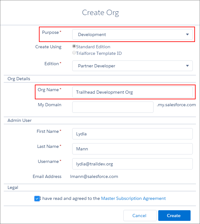 Screen for creating an org