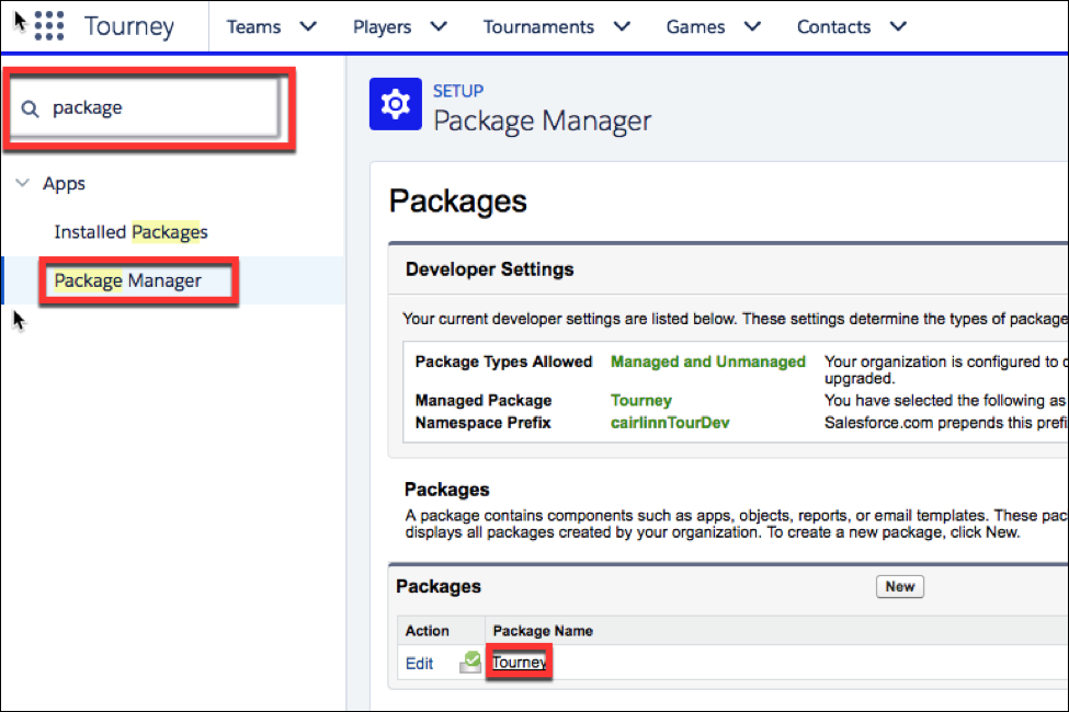 The      Package Manager page, where you select your package.