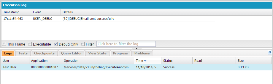 Filter the debug log in the Developer Console to view debug messages