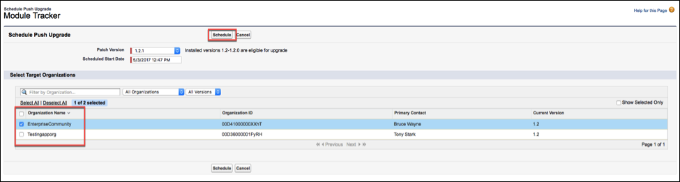 The Select Target Organizations section, where you use filters            to generate a list of orgs you want to update.