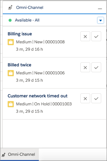 Work requests appear in the Omni-Channel utility. Depending on your Omni-Channel settings, console users can accept or decline the work request.