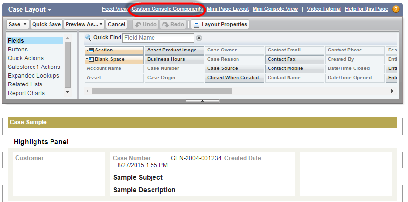 A screen shot of the case page layout with custom console components link at the top.