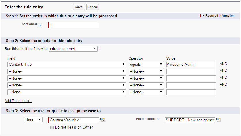 A screen shot of assignment rule criteria with user and email template added.