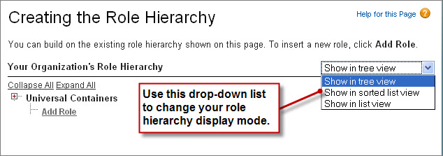 The Create Role Hierarchy page with the organization role hierarchy set to "Show in tree view"