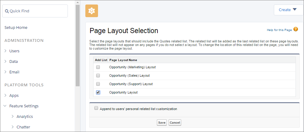 Select Page Layouts on Which You Want Quotes Appear