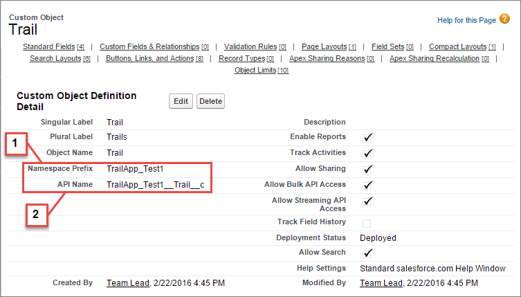 Screen showing Namespace Prefix and API Name using namespace