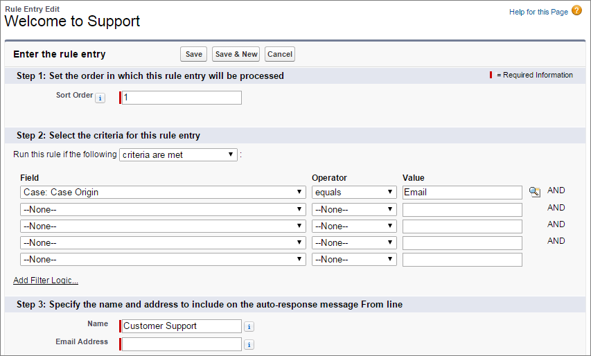 A screen shot of case auto-response criteria.