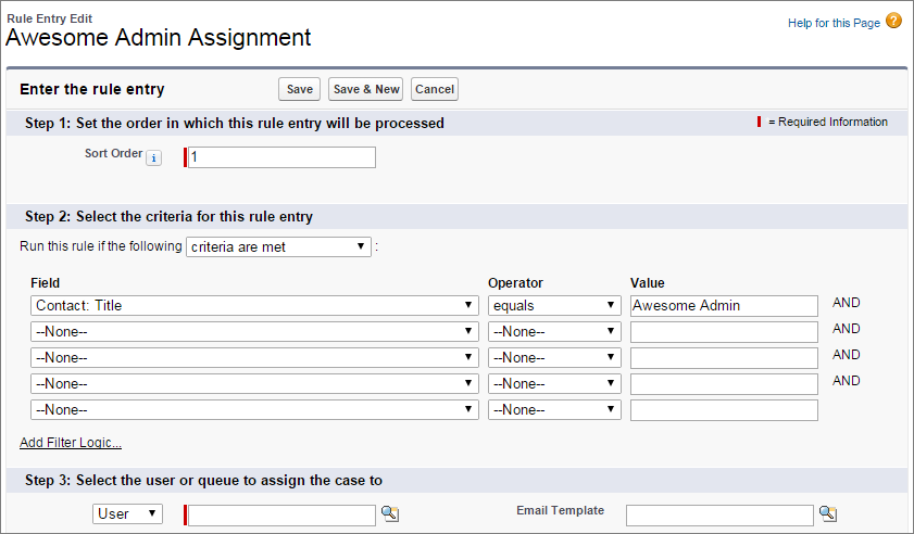 A screen shot of an assignment rule criteria page.