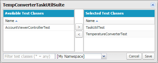 Test suite editing window with two selected test classes