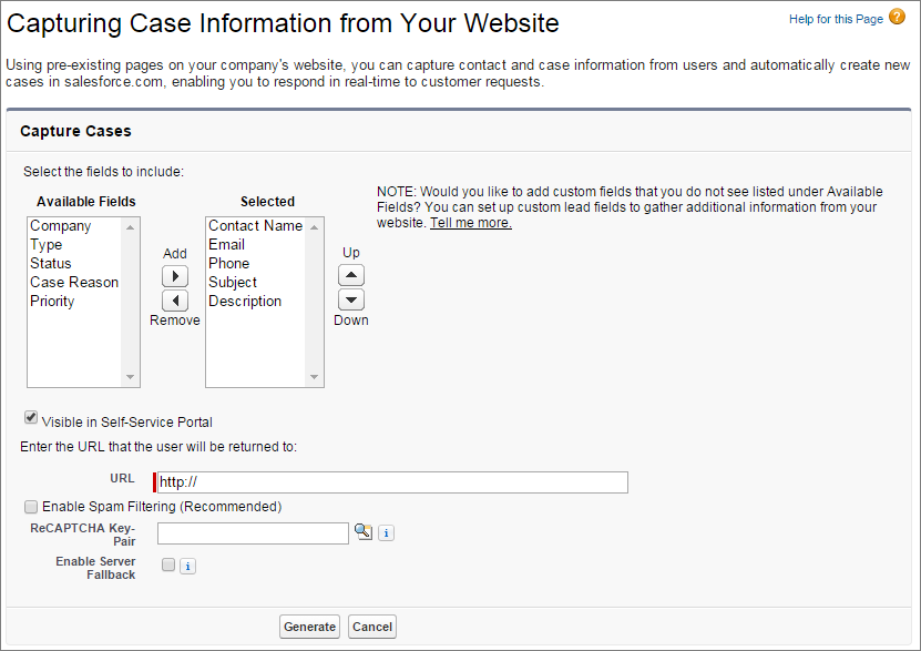 A screen shot of the Web-to-Case HTML generator page.