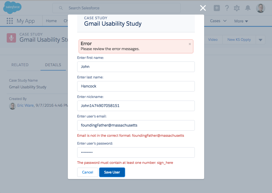 Create Test User Lightning action overlay