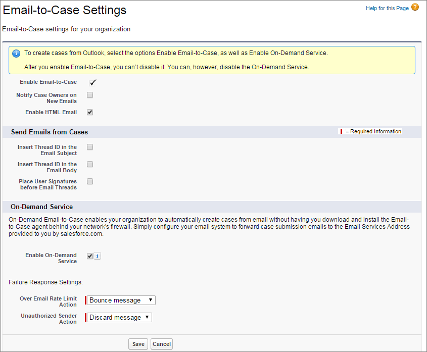 A screen shot of the Email-to-Case settings page.