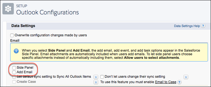 Data Settings for side panel and add email