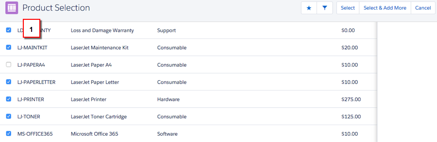 Product Selection screen with product types highlighted