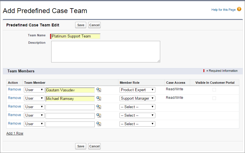 A screen shot of the predefined case team page.