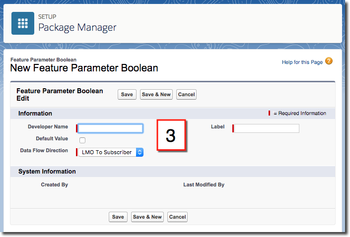 The Feature Parameters tab of the Package Manager, where you define a feature parameter