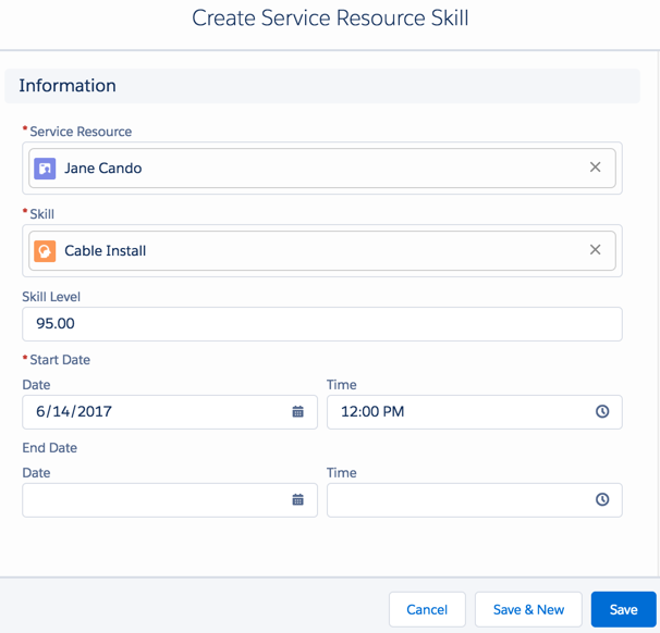 Create a Service Resource Skill dialog