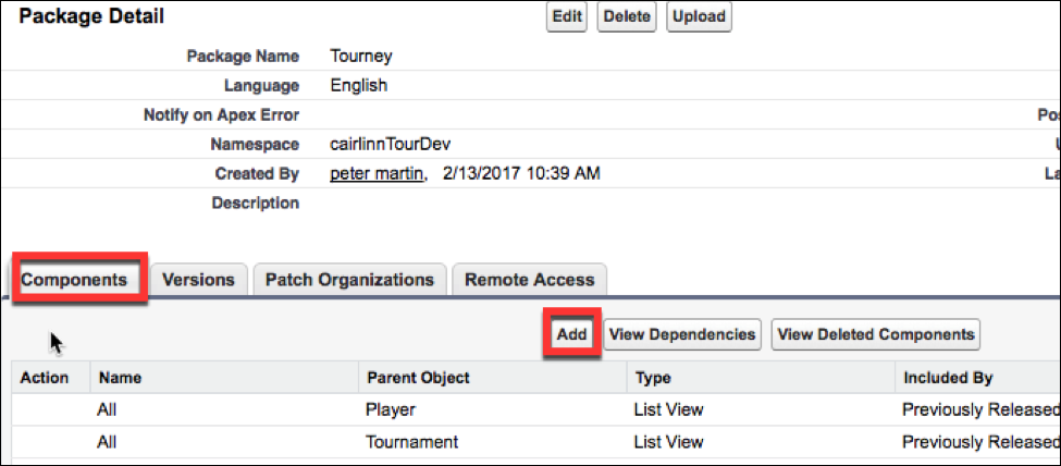 The Package Detail      page, where you add components to your package.