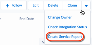 Create a customer service report from he drop-down arrow in the action row.