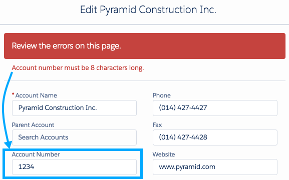 A filled out validation rule, including a related error message.