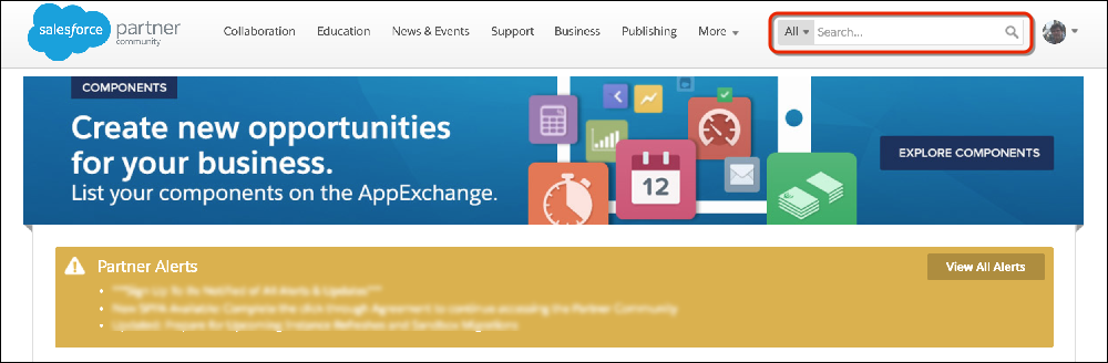 Search box on the Salesforce Partner Community