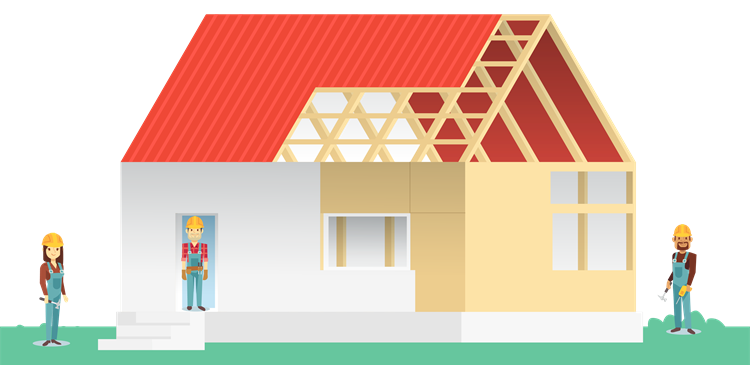 Volunteers working together to frame a house