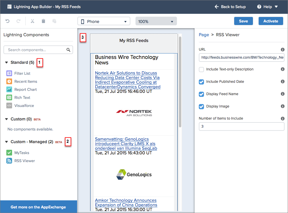 A view of the Lightning App Builder canvas