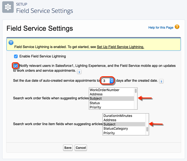 Field Service Settings page once Field Service is enabled