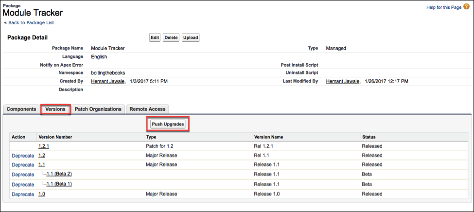 The Package Detail page, where you select Versions and Push            Upgrades.