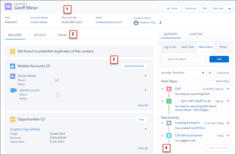 Example of a contact record in Lightning Experience