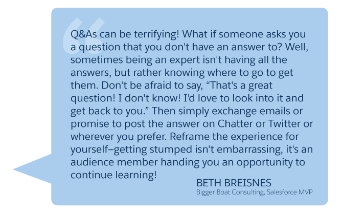 「Q&A は怖いと思われるかもしれません...」Beth Breisnes (Bigger Boat Consulting、Salesforce MVP)