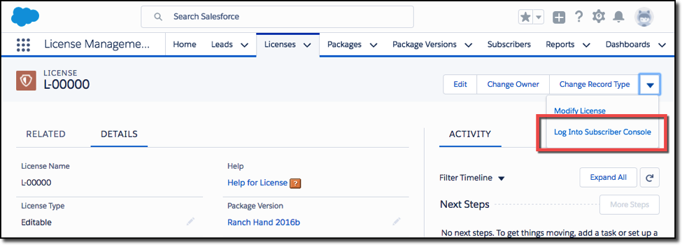 The org record in the LMA, where you click Log Into Subscriber Console