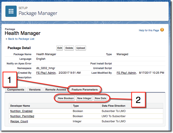 The Feature Parameters tab of the Package Manager, where you define a feature parameter