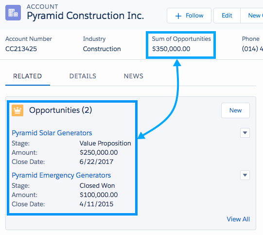 Example of fields rolling up to sum opportunities.