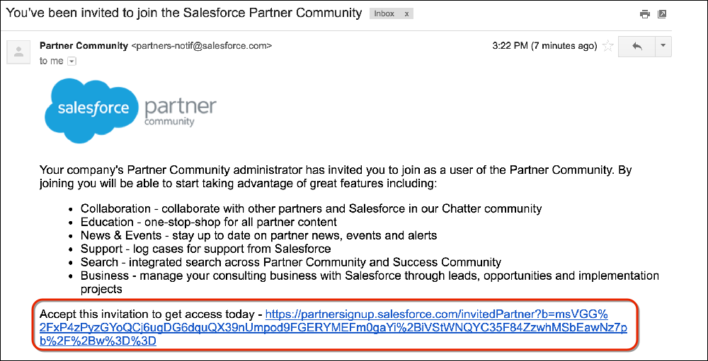 An email message inviting you to the Salesforce Partner Community