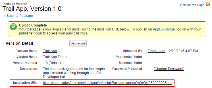 Screen for package with installation URL