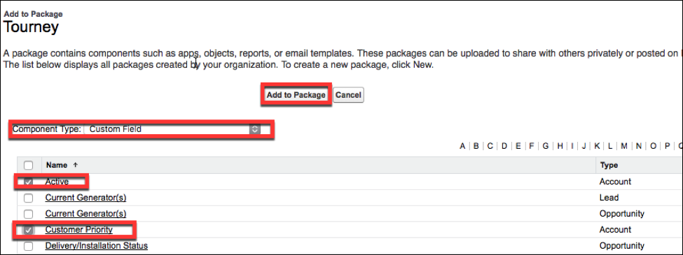 The bottom of the Package Detail page, where you add custom components      and fields to your package.