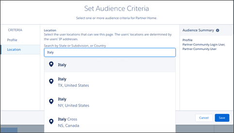 Setting criteria for an audience in Europe