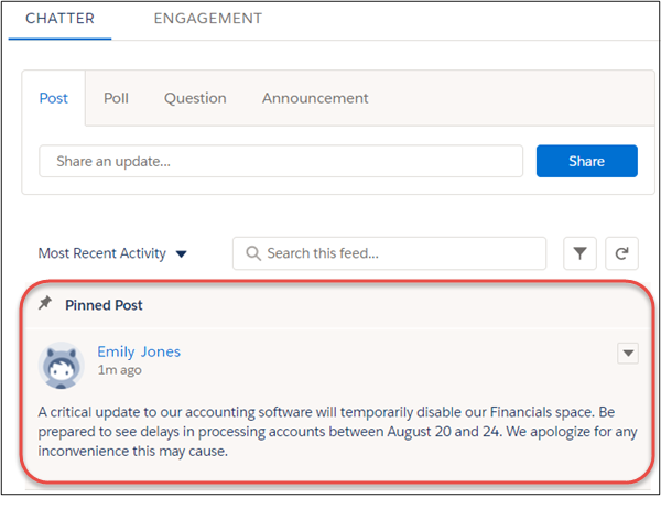 A pinned Chatter post