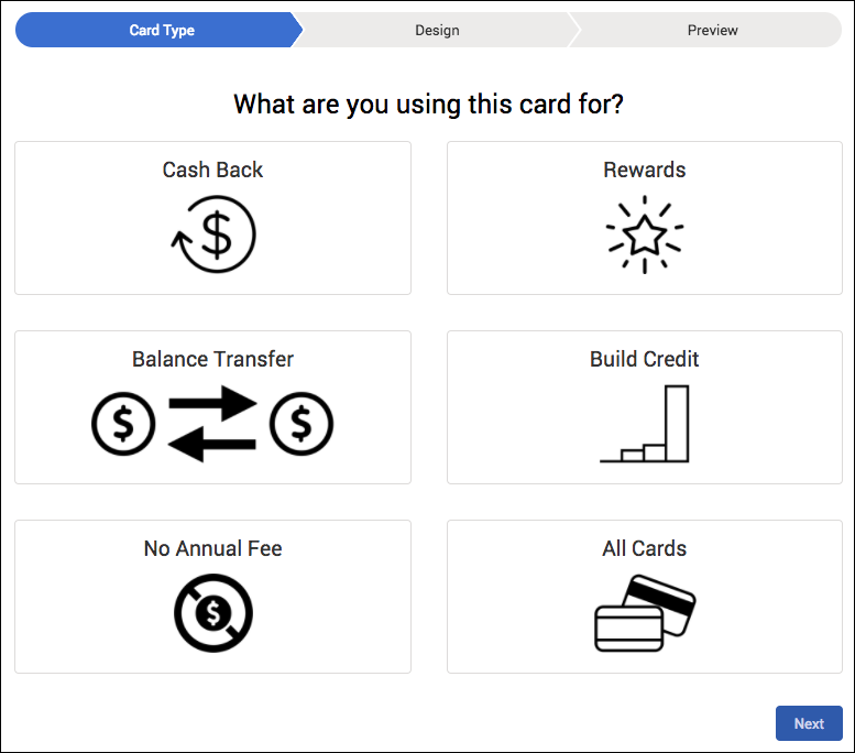 In a credit card request flow, this screen lets the customer choose what they want to get out of the card, like rewards or no annual fee.