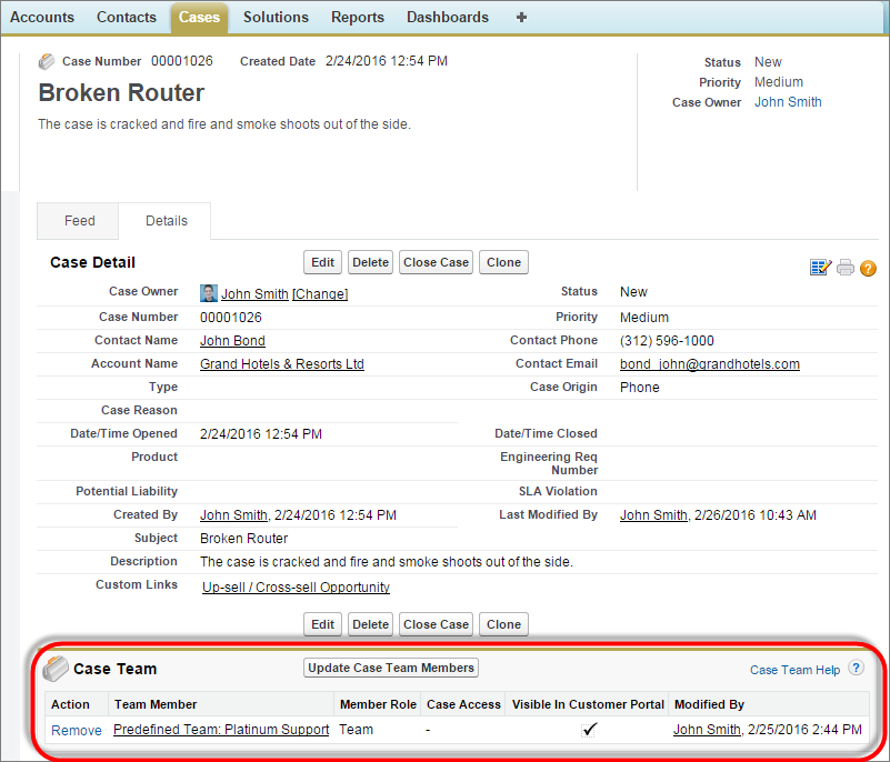 A screen shot of a console showing a case with a case team.