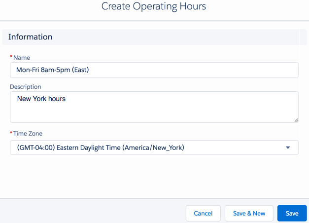 Create Operating Hours dialog