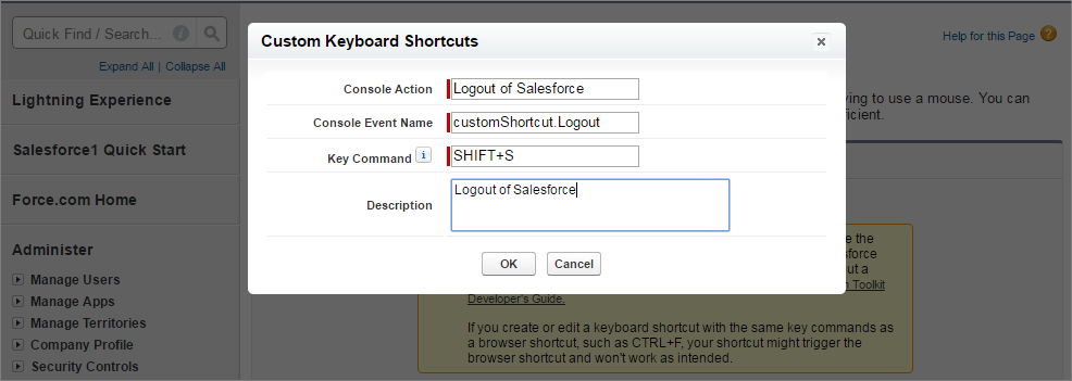 A screen shot of adding a custom keyboard shortcut in setup