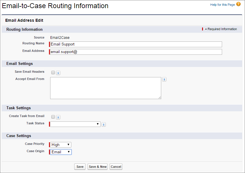 A screen shot of the Email-to-Case routing details page.