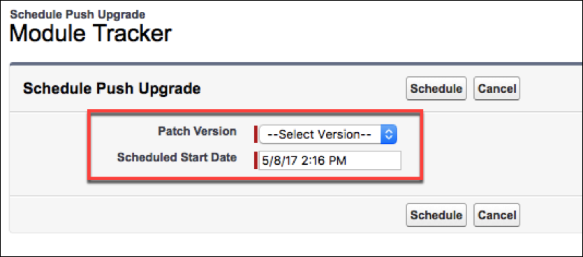 The Schedule Push Upgrade section, where you select a package            version and a start date for a push upgrade.