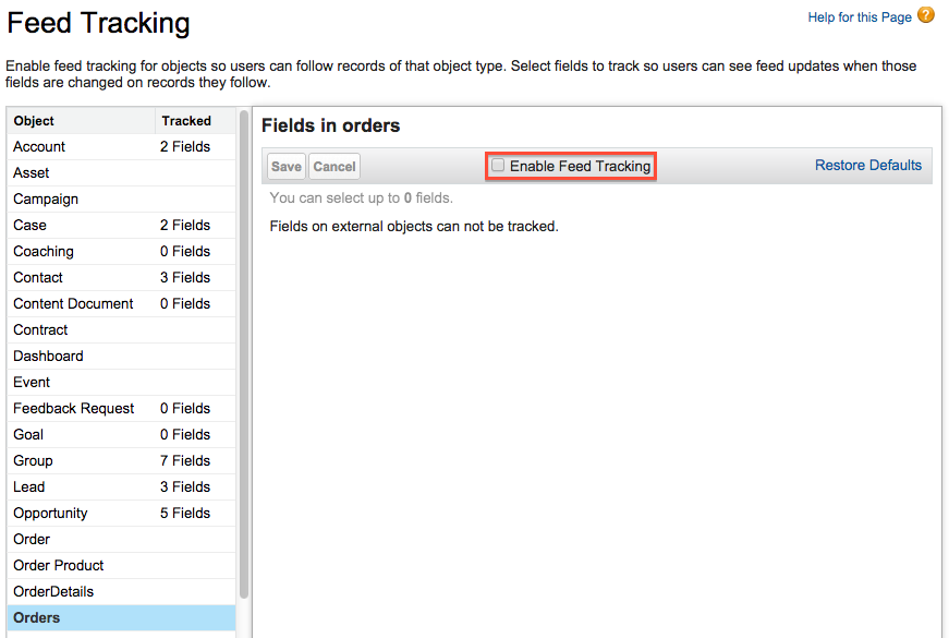 Enable Feed Tracking checkbox