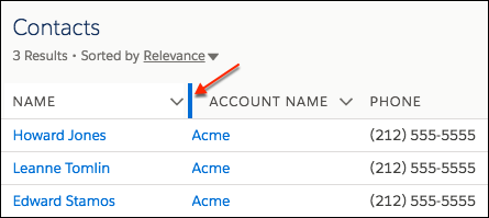 Column header with border between columns highlighted